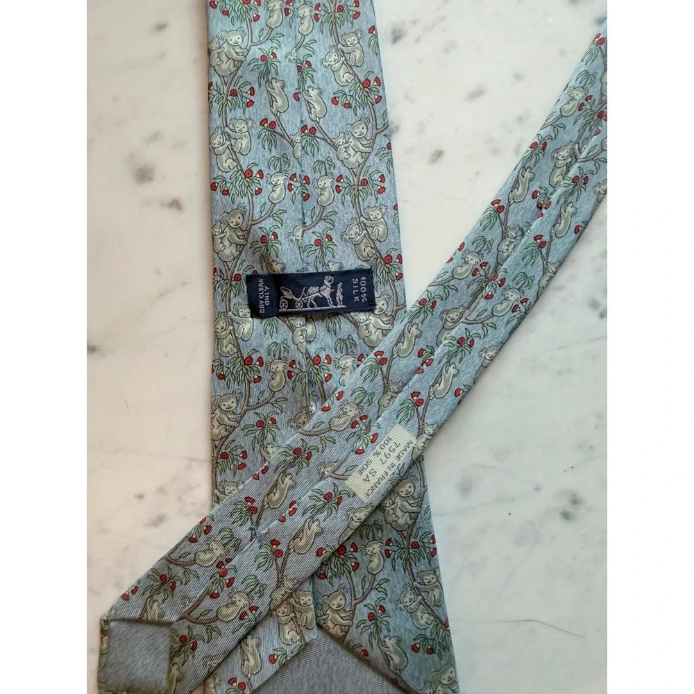 Hermes Silk Koala Family Tie Blue Animal Pattern Made in France